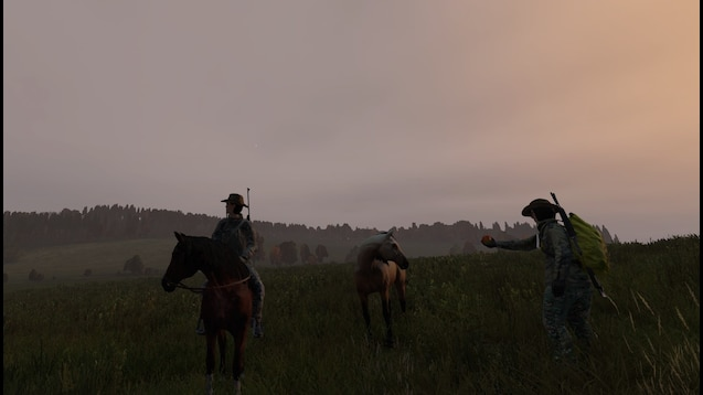 Players interacting with horses in a field